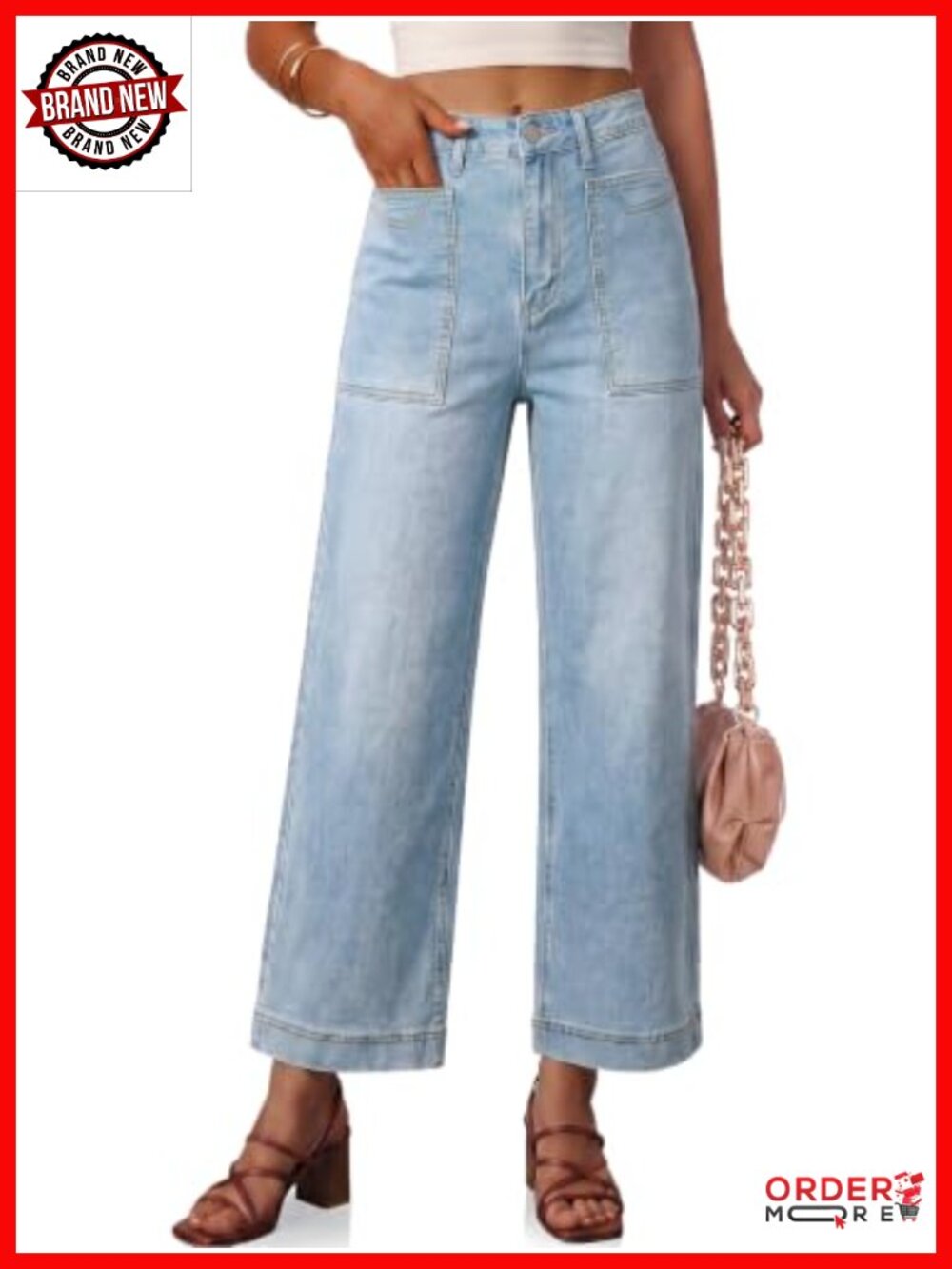 Wide Leg Cropped High Waisted Jeans Stretch Denim Casual Pants